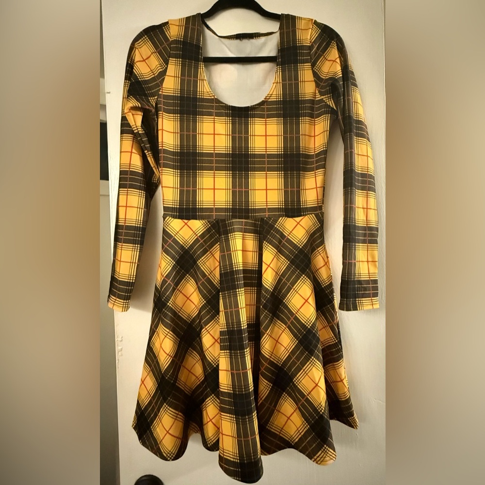 BlackMilk Yellow and Black Plaid Fit-and-Flare Circle Dress